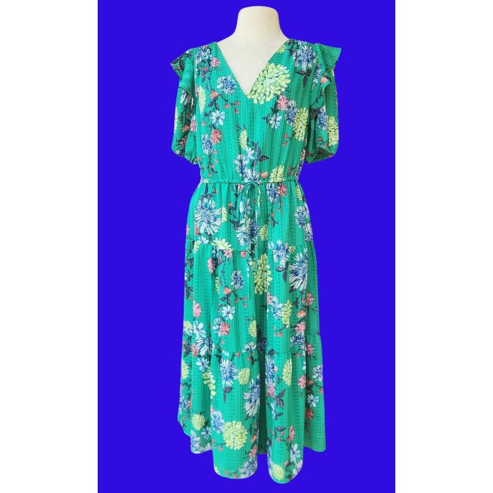 Green Floral Midi Dress With V-Neckline & Ruffled Sleeves Ladies Size L